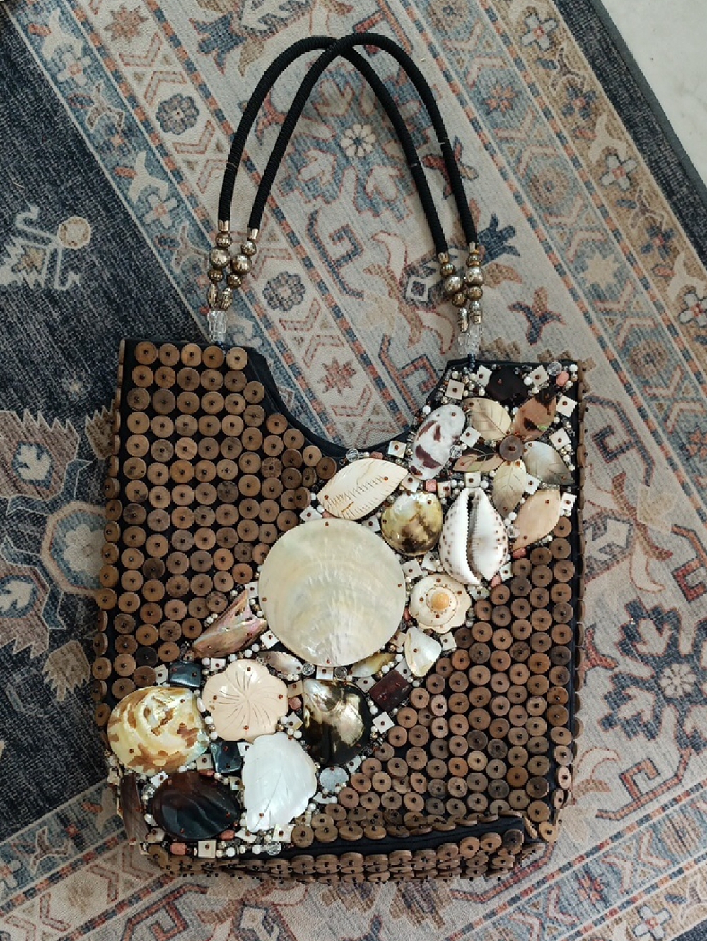 Handcrafted Shell & Wood Bead Tote Bag - Natural Brown